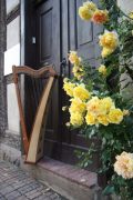 Rosen und Harfe vor dem Klanghaus